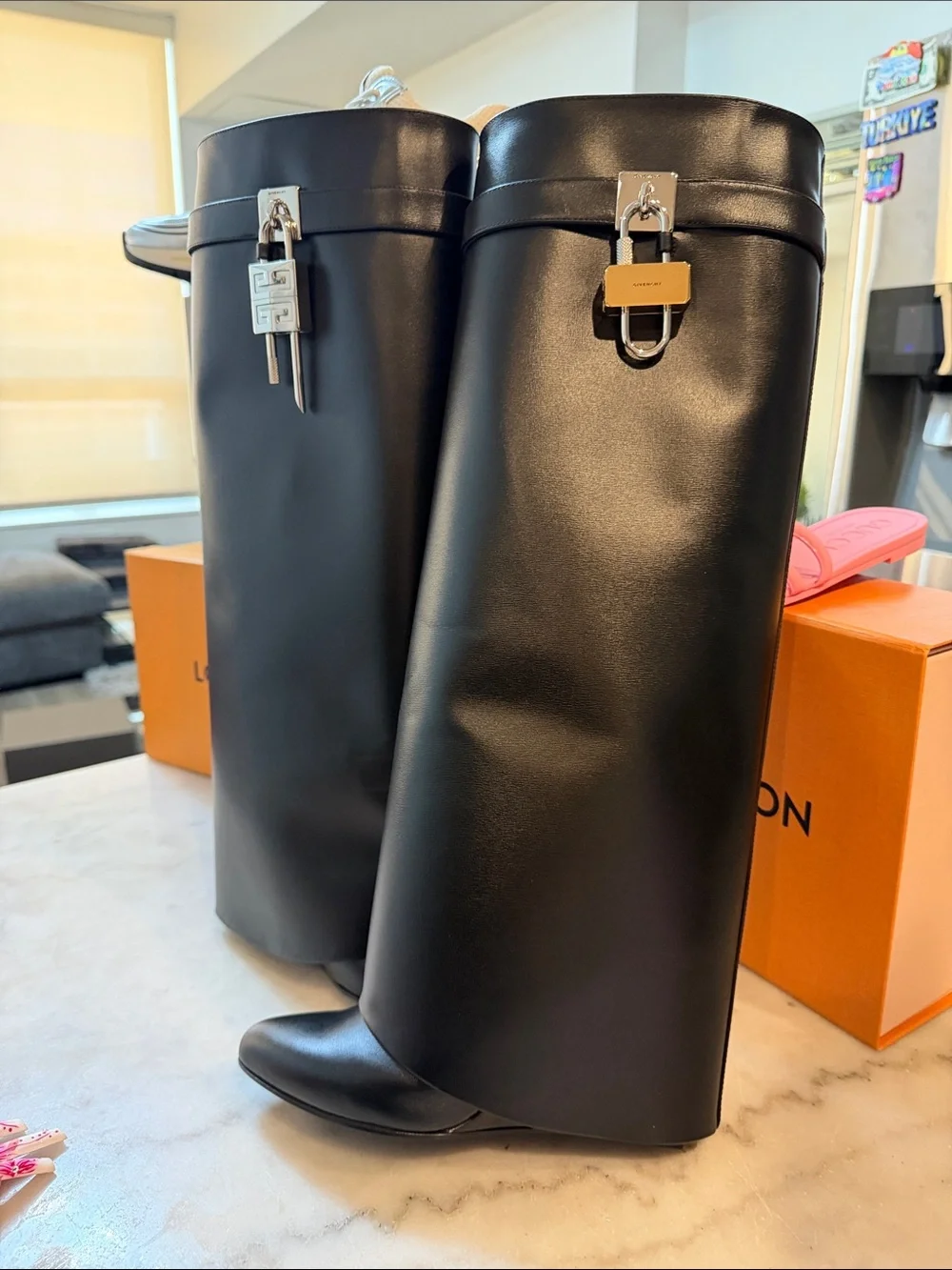 Givenchy SHARK BOOTS Black Leather with Silver Padlock Accent